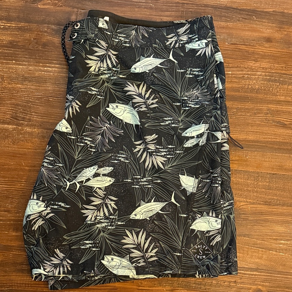 Salty Crew Black and Gray Fish Print Boardshorts